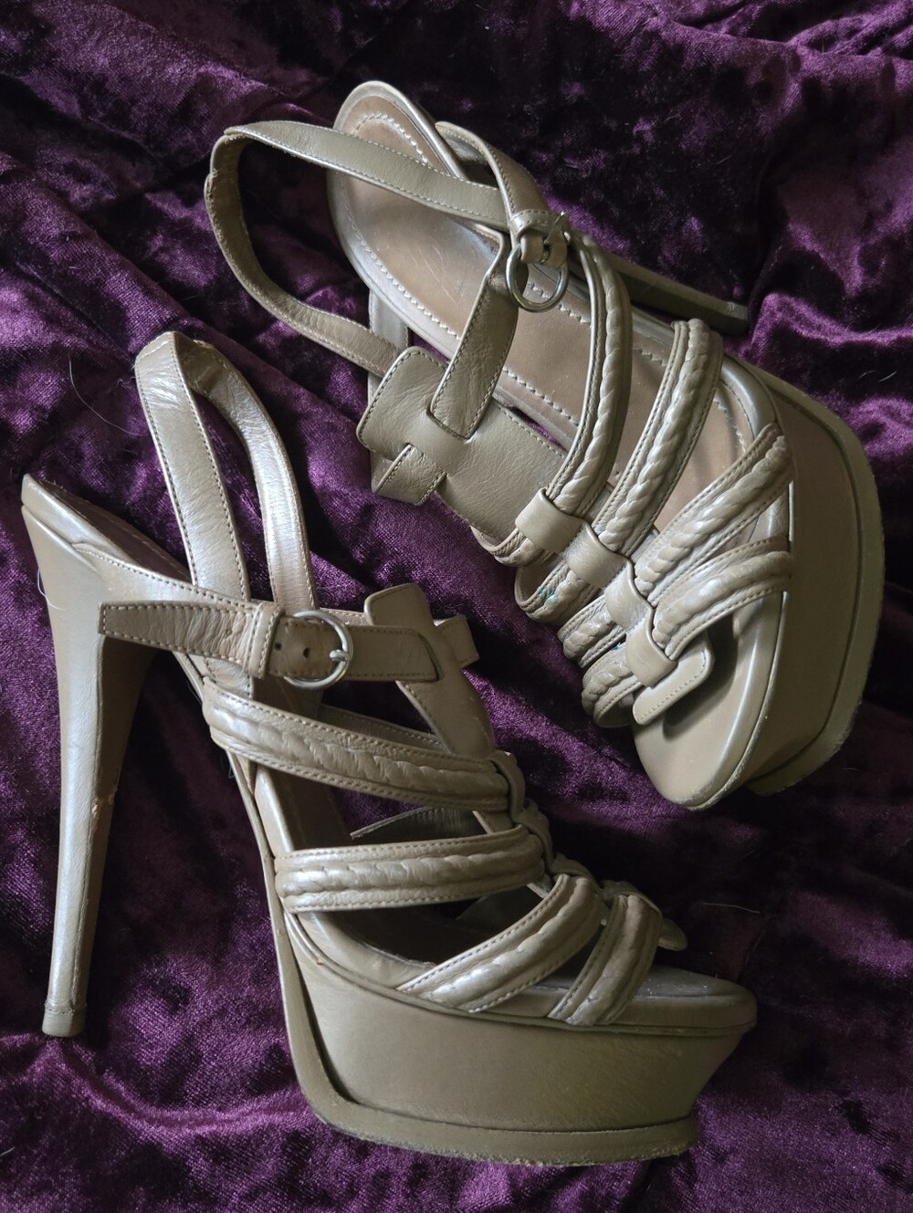 YSL Hamptons Tribute Strappy Platform Heeled Sandal 37.5 Taupe - Picture 7 of 8
